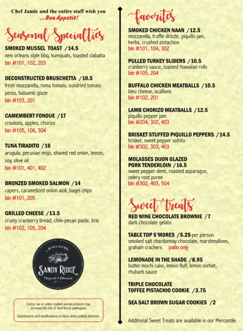 Menu | Sandy Ridge Vineyards and Mercantile