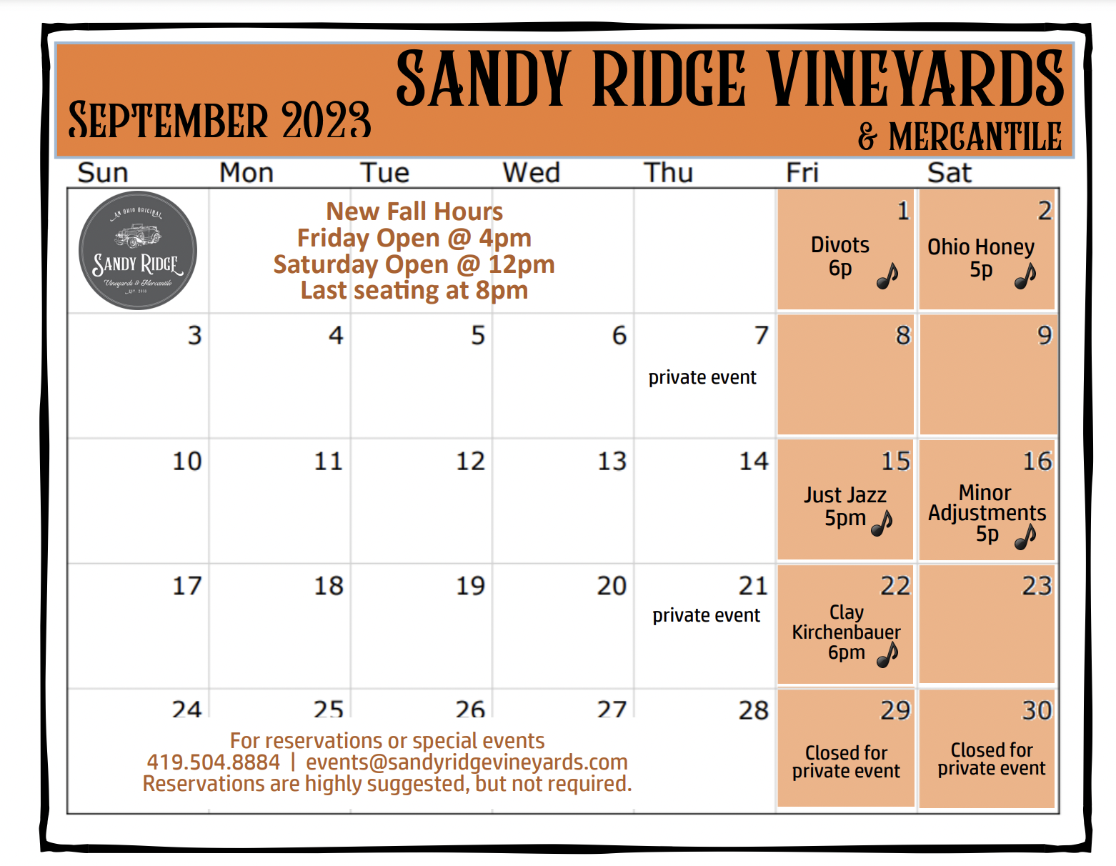 Sandy Ridge September Calendar of Events
