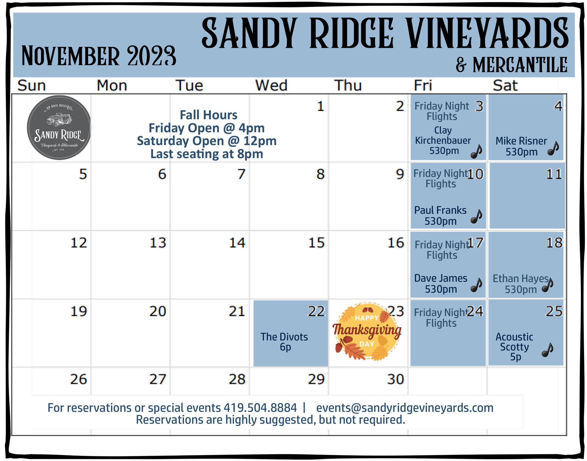Norwalk Ohio Winery Sandy Ridge Calendar of Events