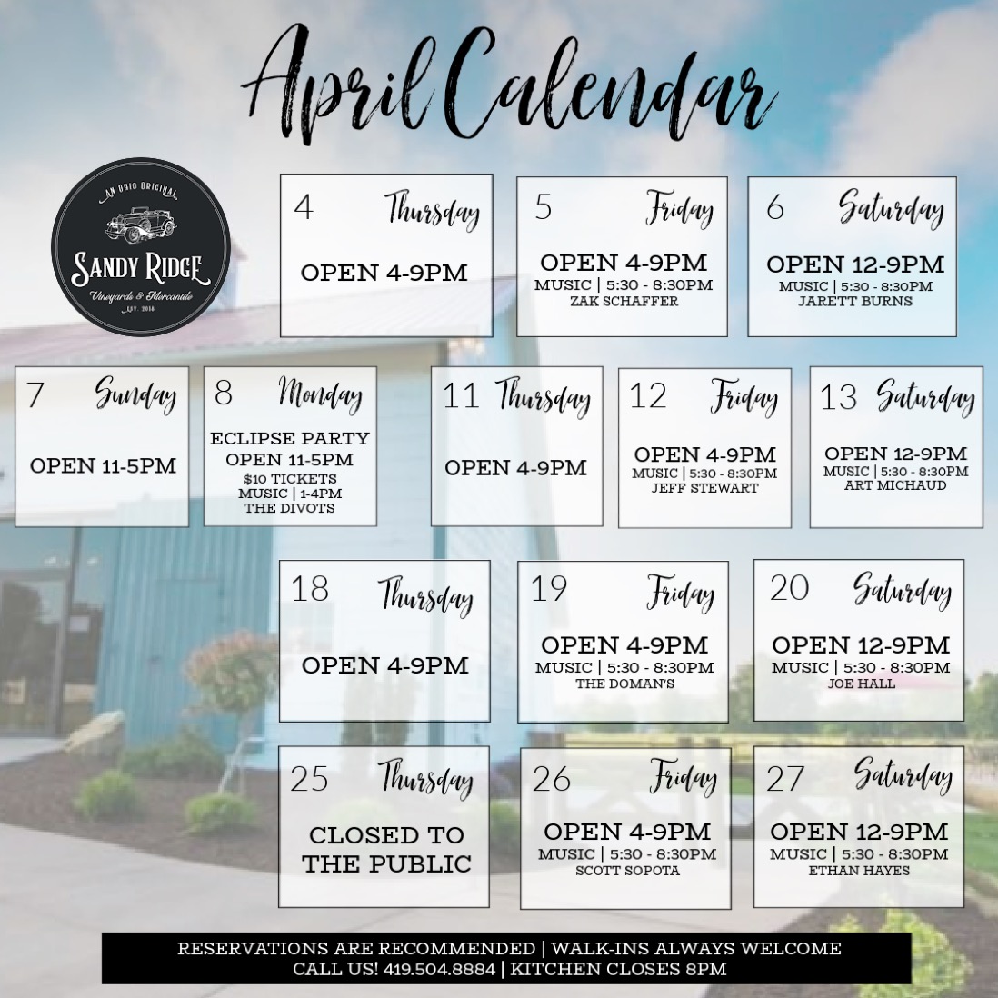 Sandy Ridge Vineyard Calendar of Events